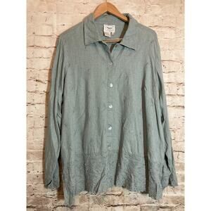 Country Wear Linen Top Womens 2X Slate Blue Button Up Floral Embroidered Lagom